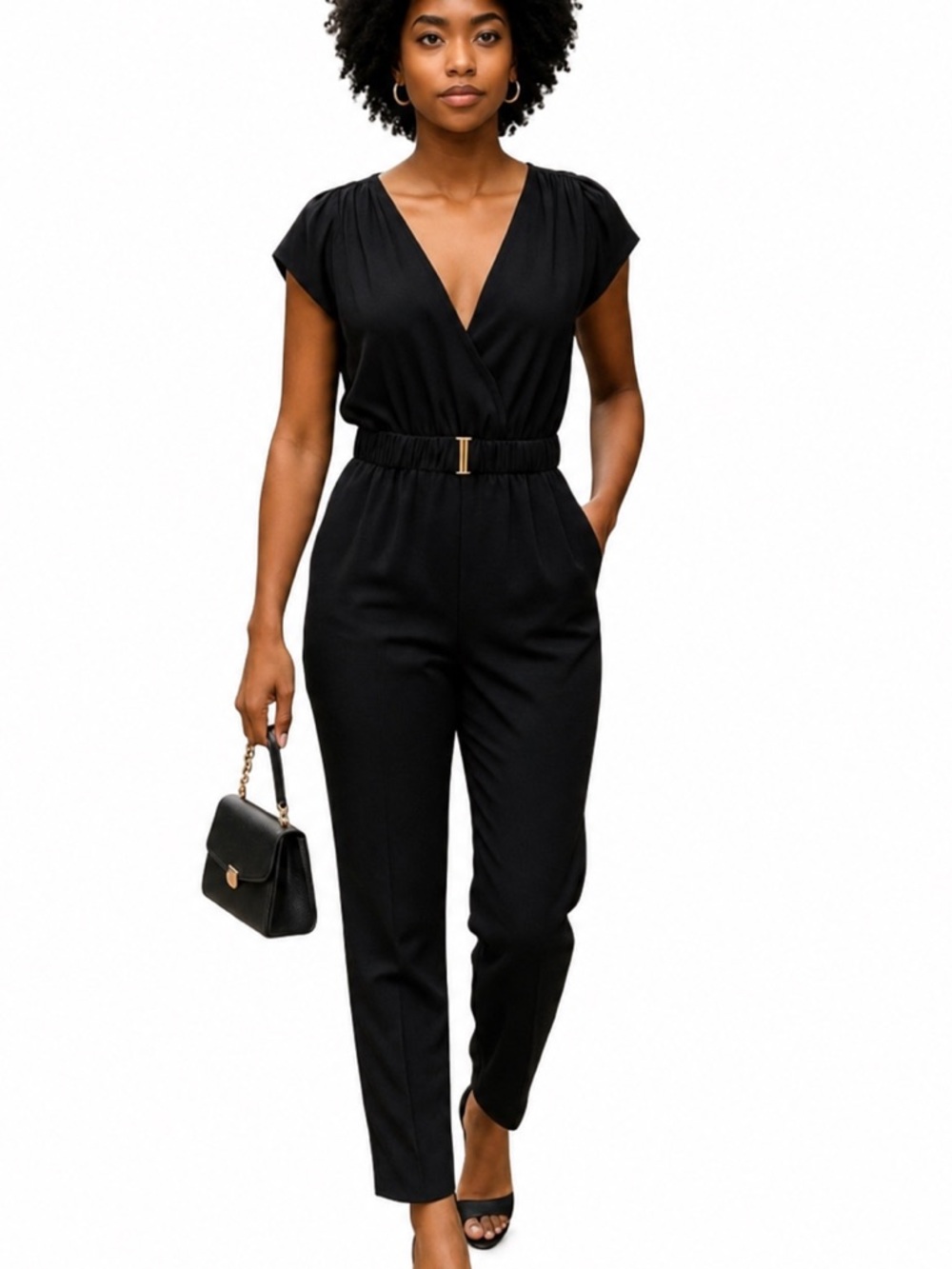 H&M Black Jumpsuit Womens Size 2 Belted V Neck Cap Sleeve Casual‎ Chic